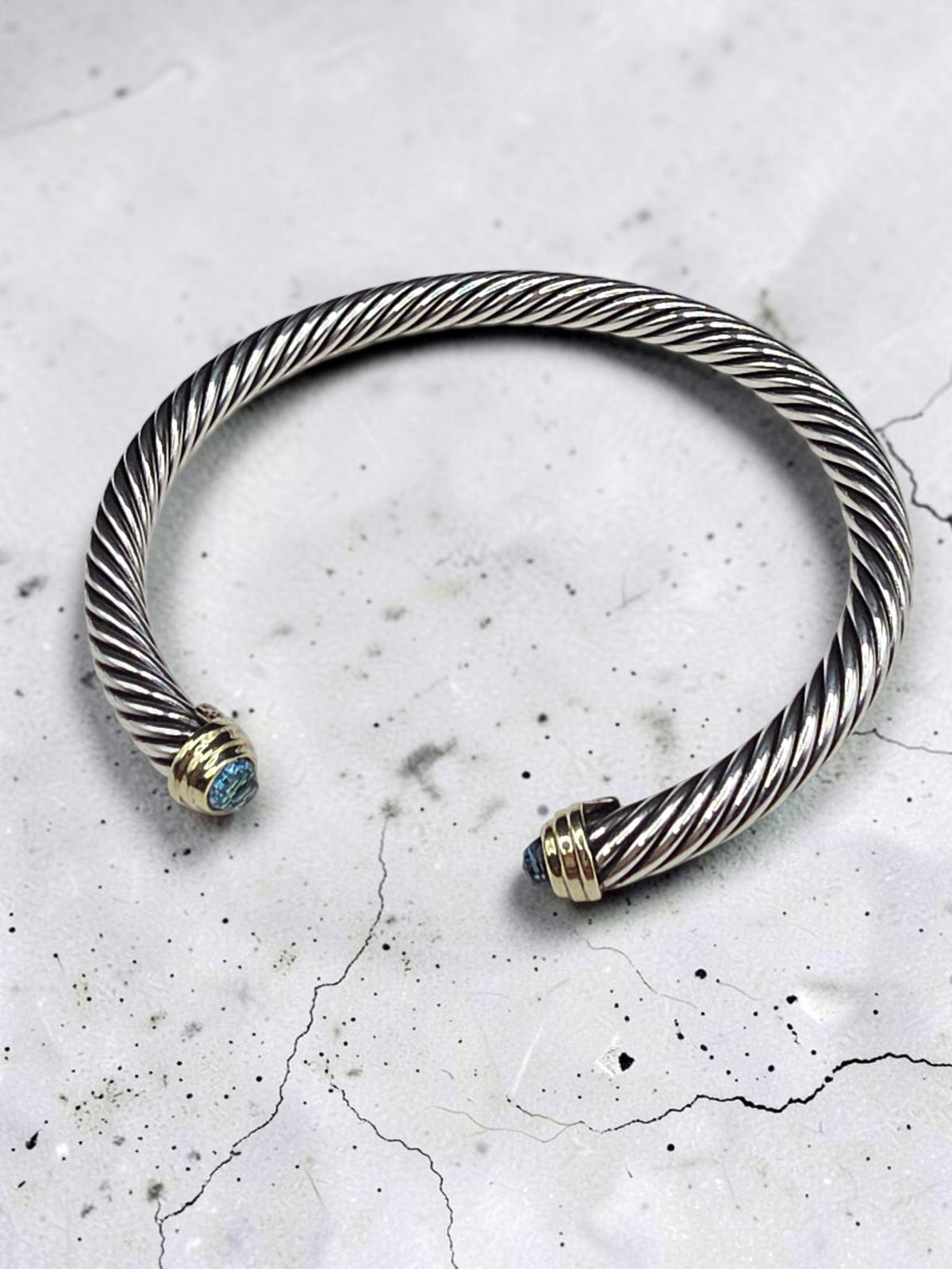 David Yurman Sterling Silver Solid 14K Gold Blue Topaz Cable Bracelet - Large