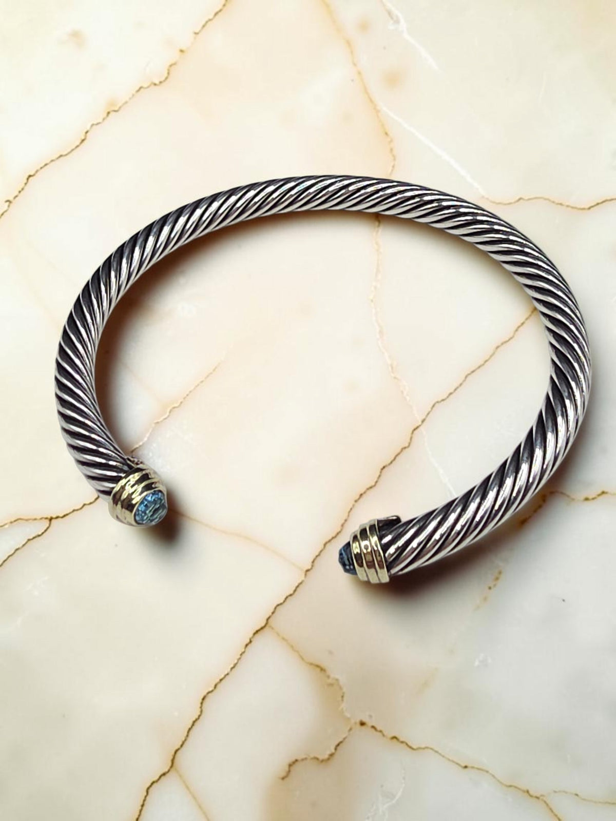 David Yurman Sterling Silver Solid 14K Gold Blue Topaz Cable Bracelet - Large