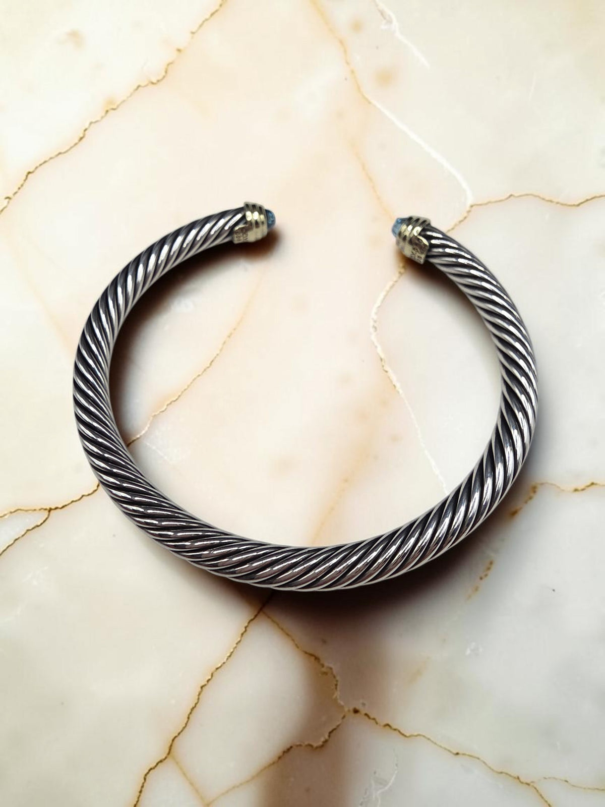 David Yurman Sterling Silver Solid 14K Gold Blue Topaz Cable Bracelet - Large