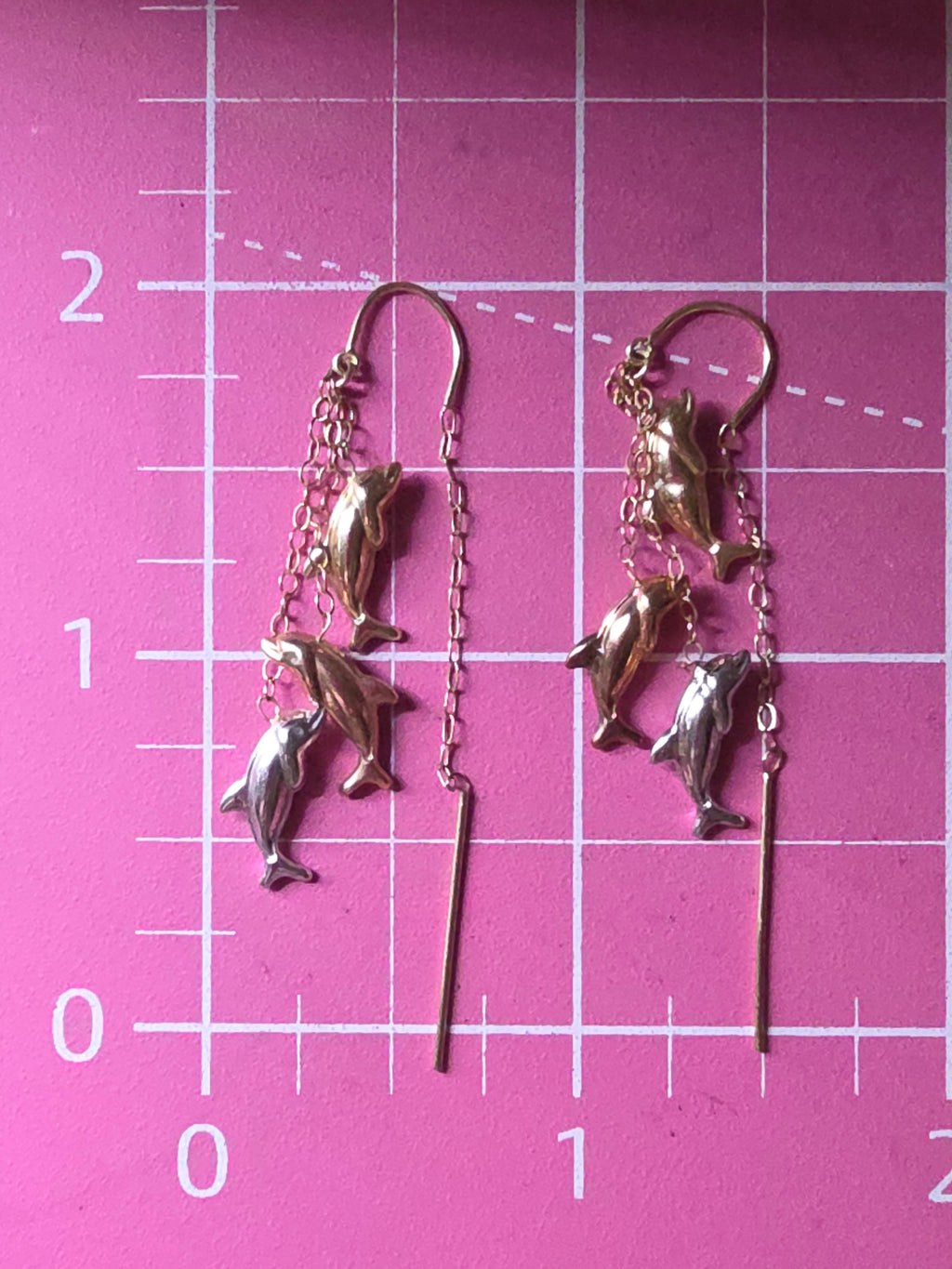 JCM Bolivia Solid 14K Tri Color Gold Beach Dolphin Drop Dangle Threader Earrings