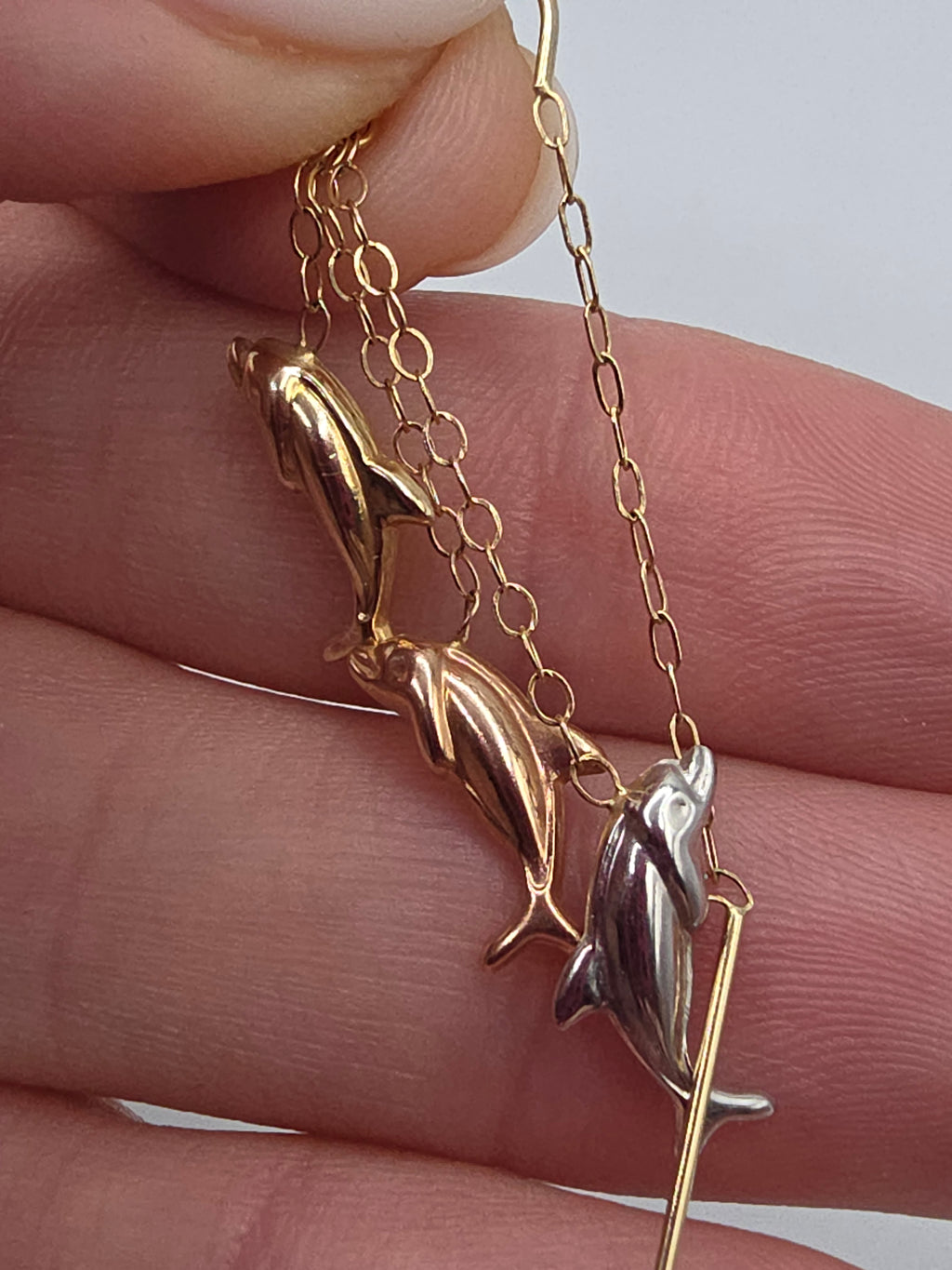 JCM Bolivia Solid 14K Tri Color Gold Beach Dolphin Drop Dangle Threader Earrings