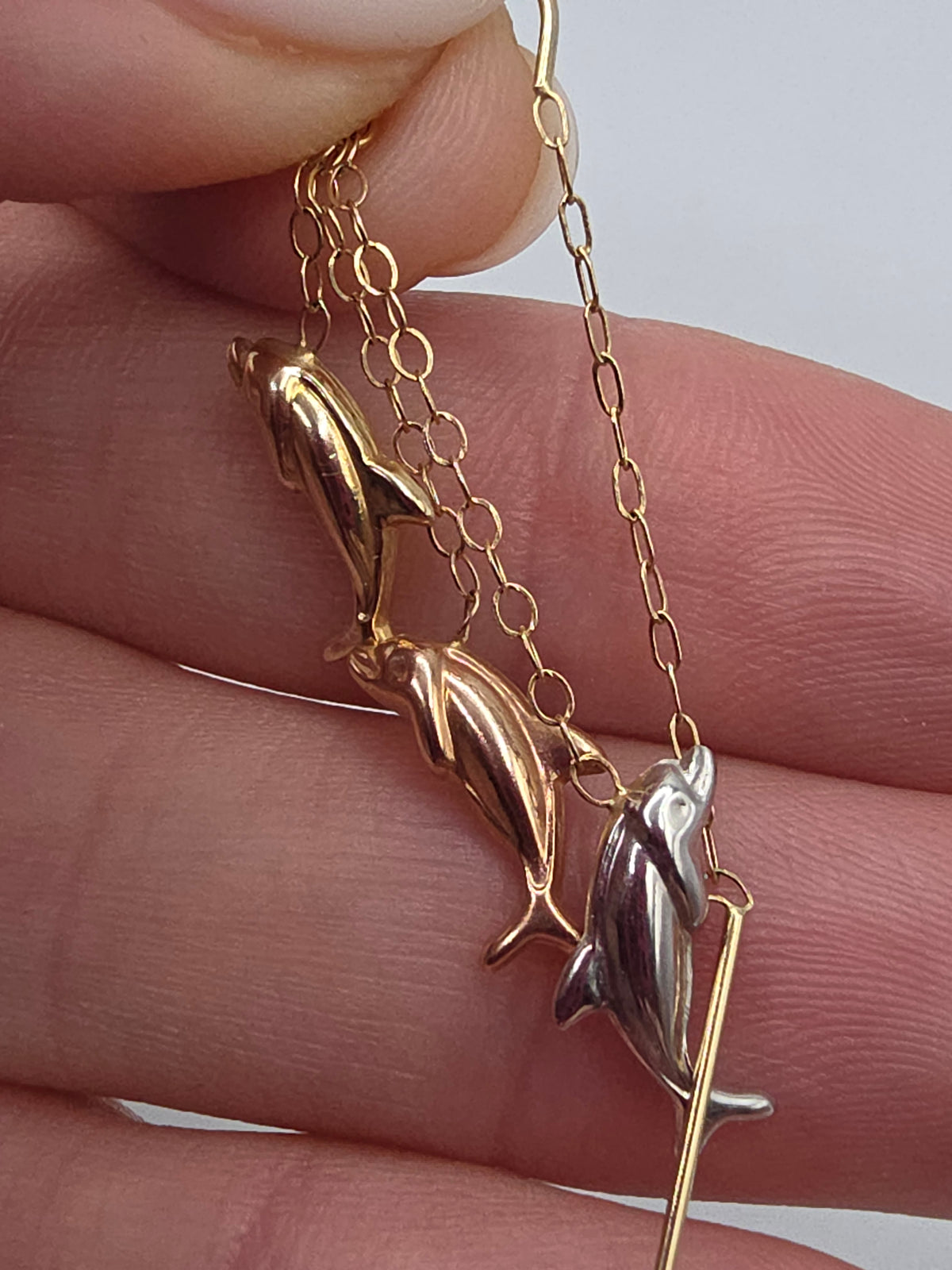 JCM Bolivia Solid 14K Tri Color Gold Beach Dolphin Drop Dangle Threader Earrings