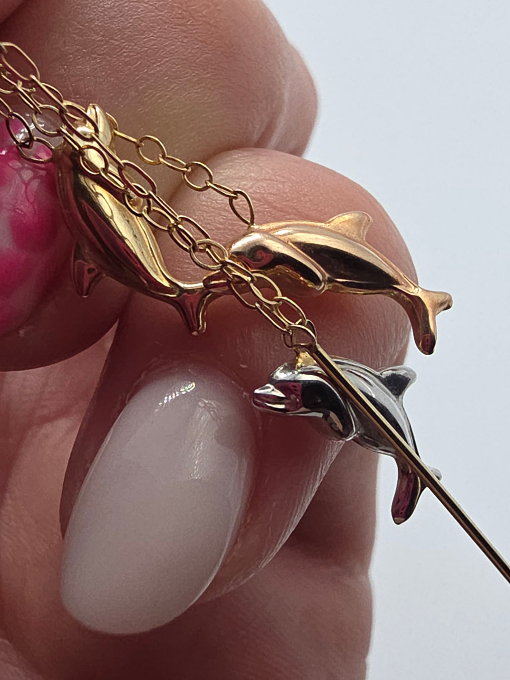 JCM Bolivia Solid 14K Tri Color Gold Beach Dolphin Drop Dangle Threader Earrings