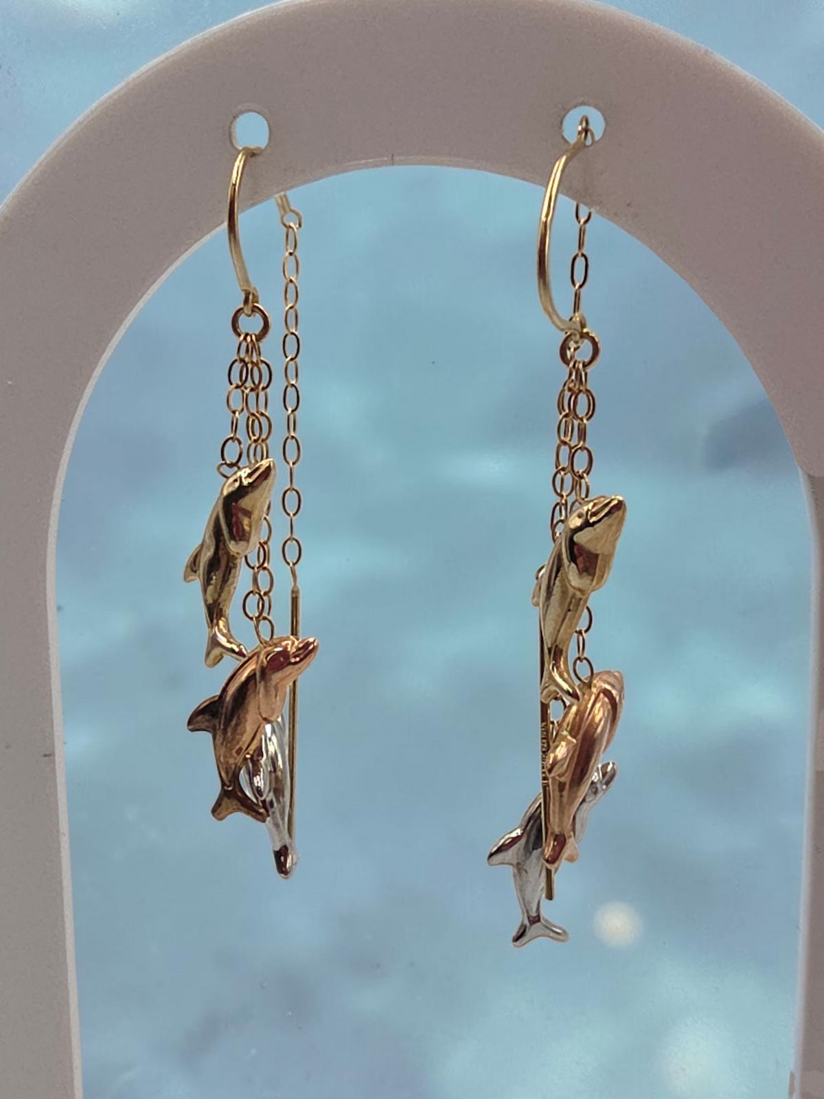 JCM Bolivia Solid 14K Tri Color Gold Beach Dolphin Drop Dangle Threader Earrings