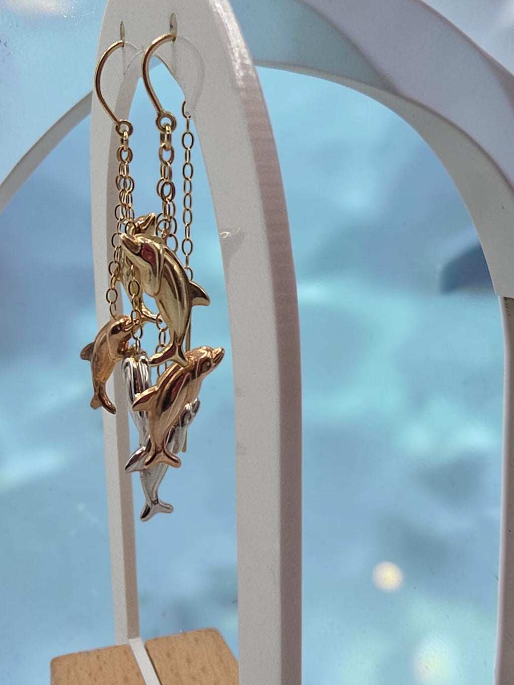 JCM Bolivia Solid 14K Tri Color Gold Beach Dolphin Drop Dangle Threader Earrings