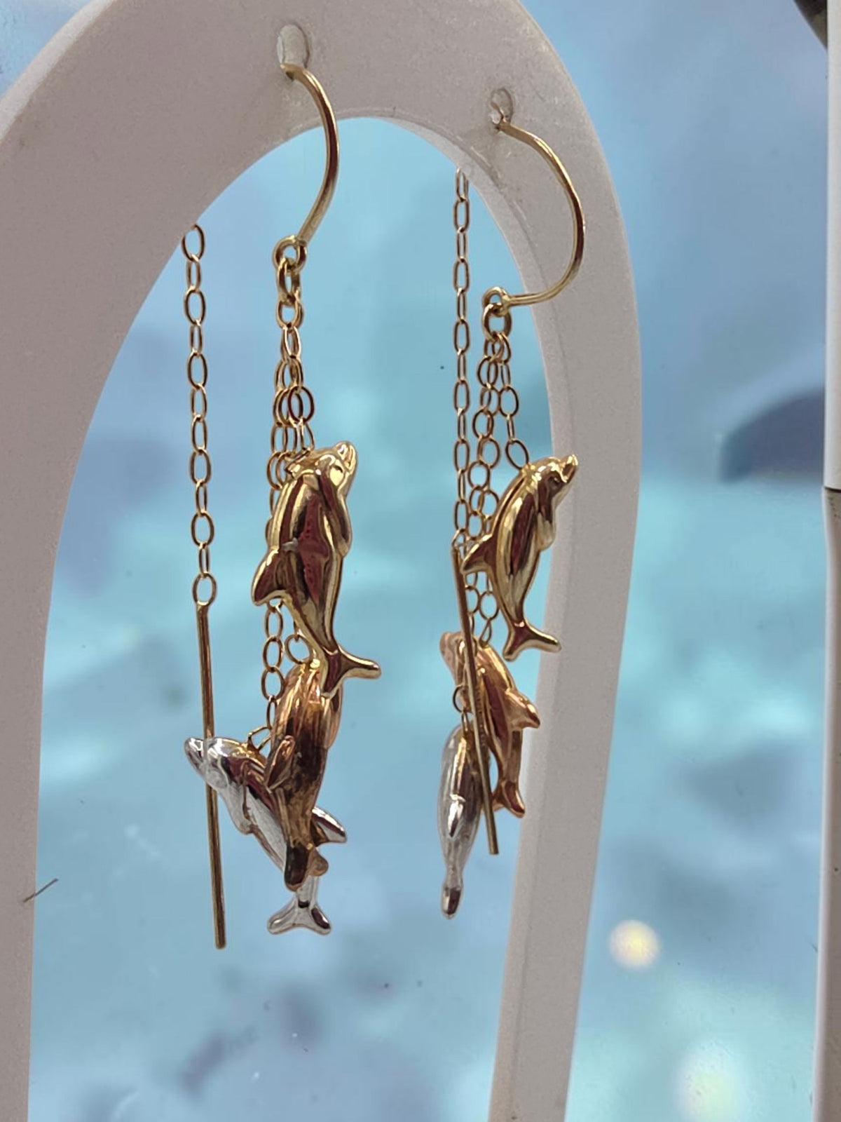 JCM Bolivia Solid 14K Tri Color Gold Beach Dolphin Drop Dangle Threader Earrings