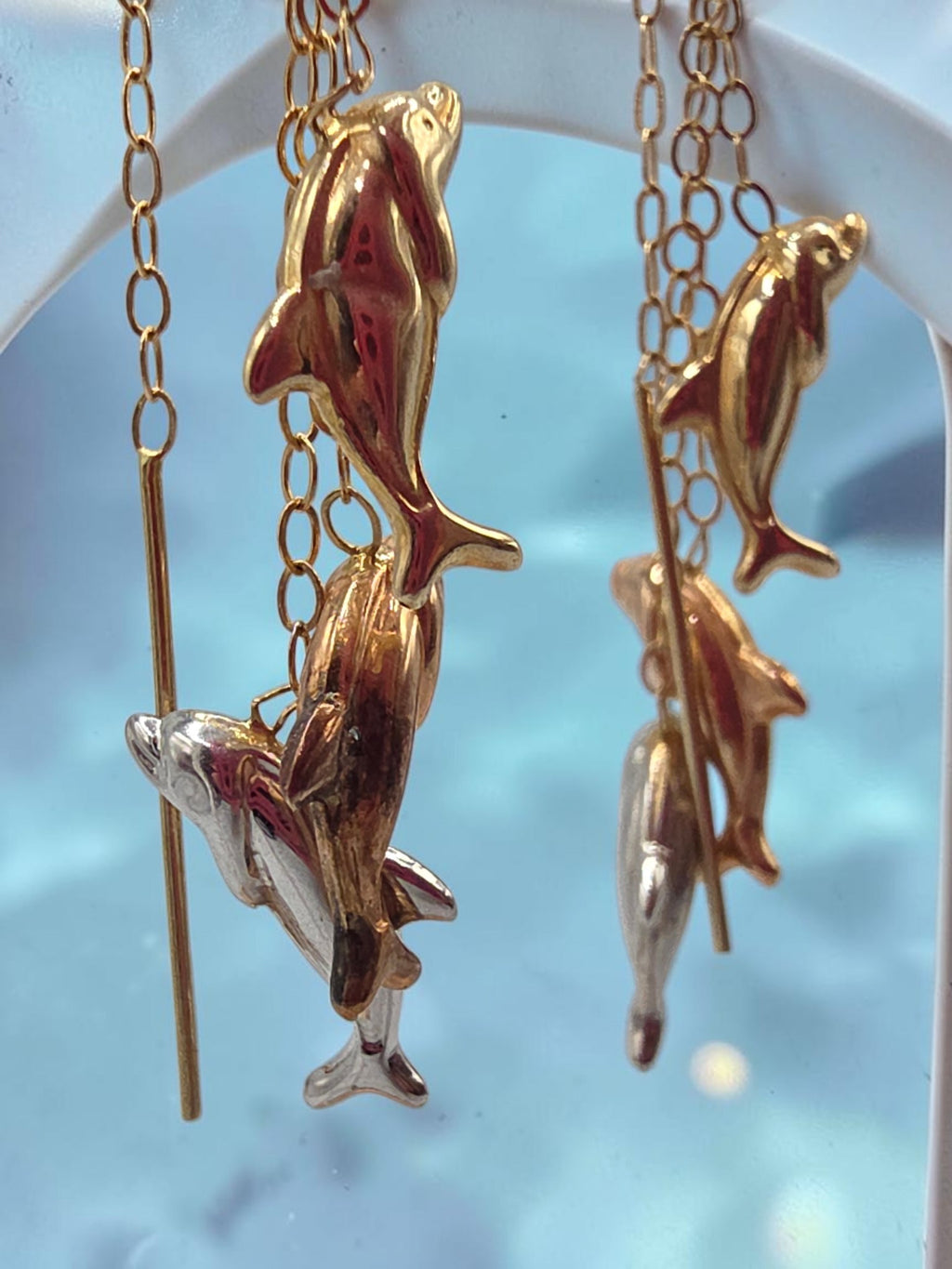 JCM Bolivia Solid 14K Tri Color Gold Beach Dolphin Drop Dangle Threader Earrings