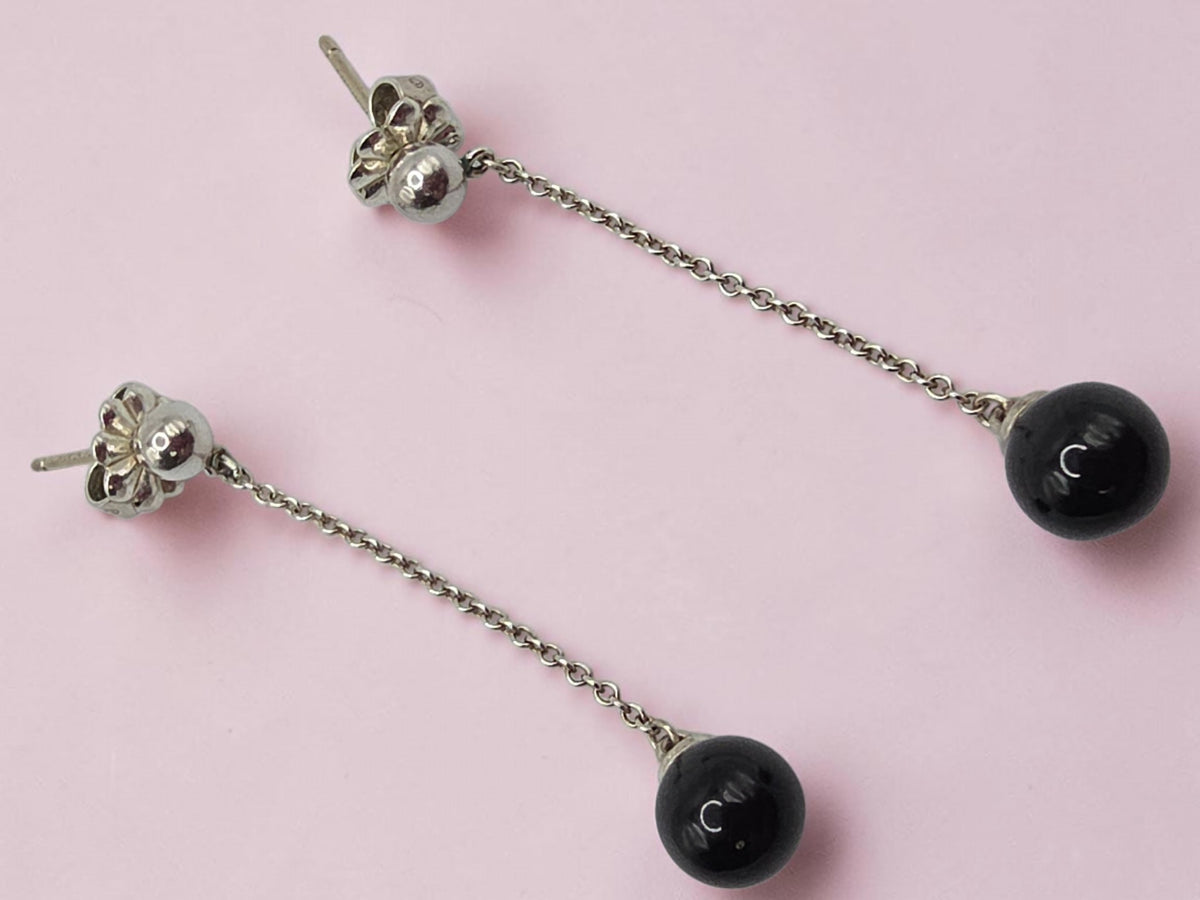 Tiffany & Co. 925 Sterling Silver Black Onyx Dangle Stud Earrings - 1.5 Inch