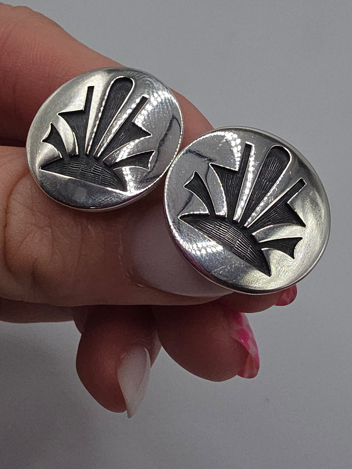 Native American Hopi Oxidized Sterling Silver Sunburst Round Stud Earrings