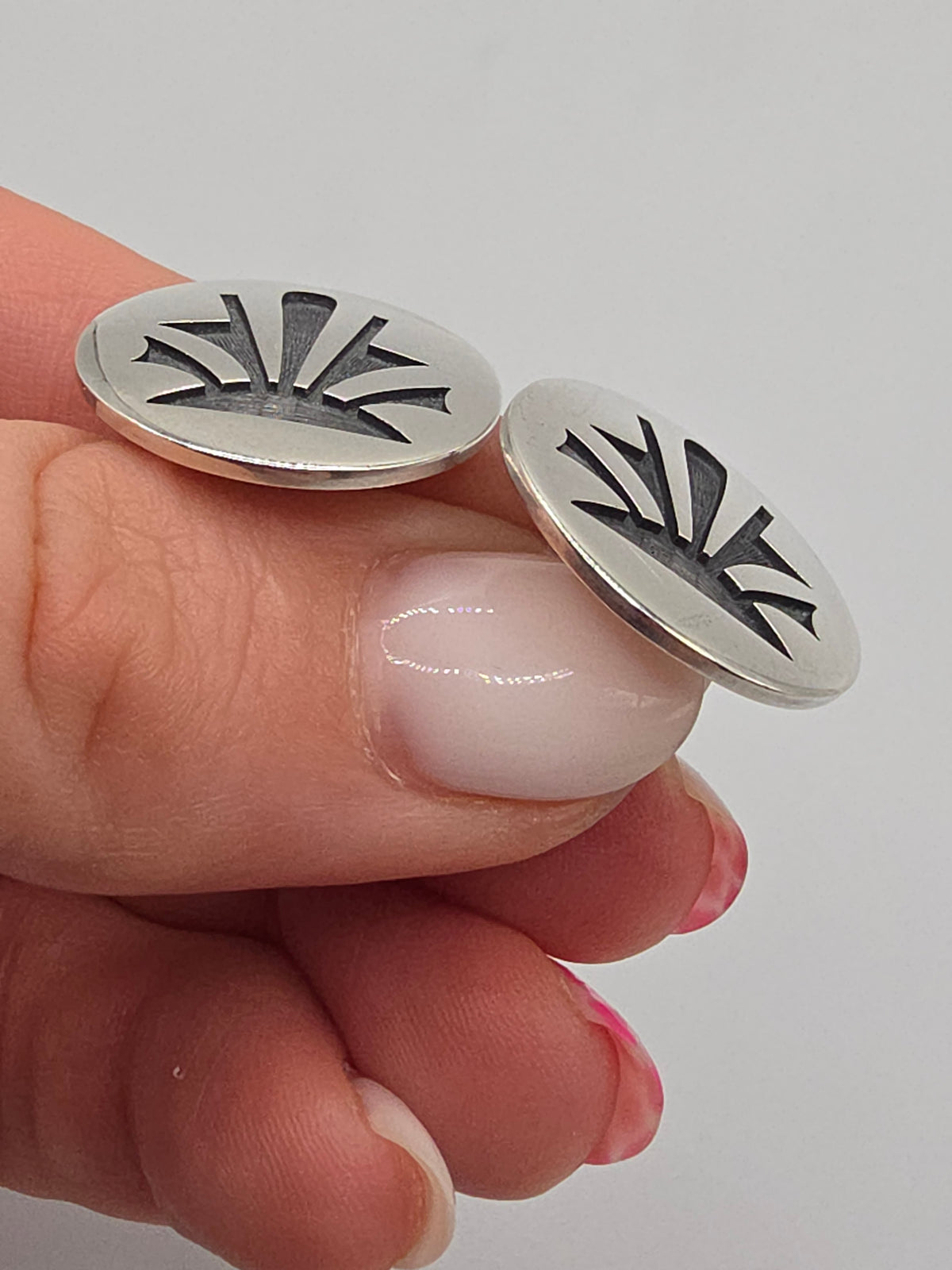 Native American Hopi Oxidized Sterling Silver Sunburst Round Stud Earrings