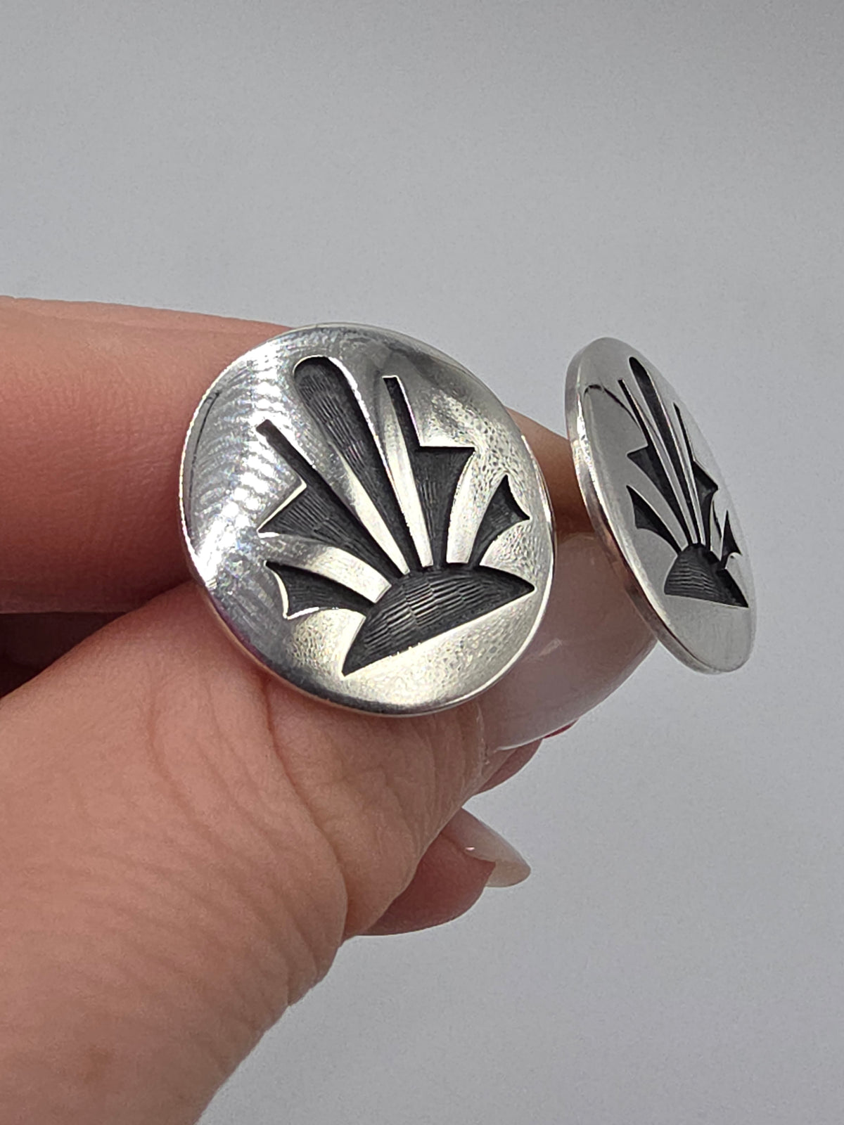 Native American Hopi Oxidized Sterling Silver Sunburst Round Stud Earrings