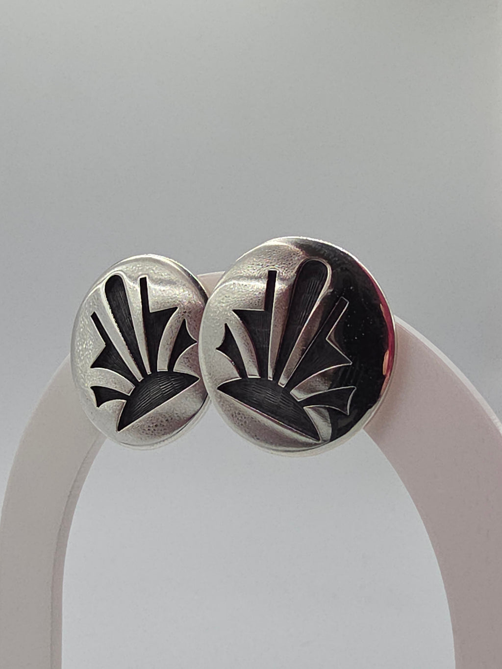 Native American Hopi Oxidized Sterling Silver Sunburst Round Stud Earrings