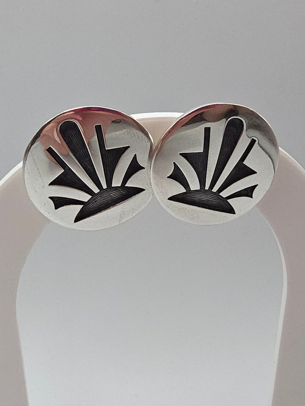Native American Hopi Oxidized Sterling Silver Sunburst Round Stud Earrings