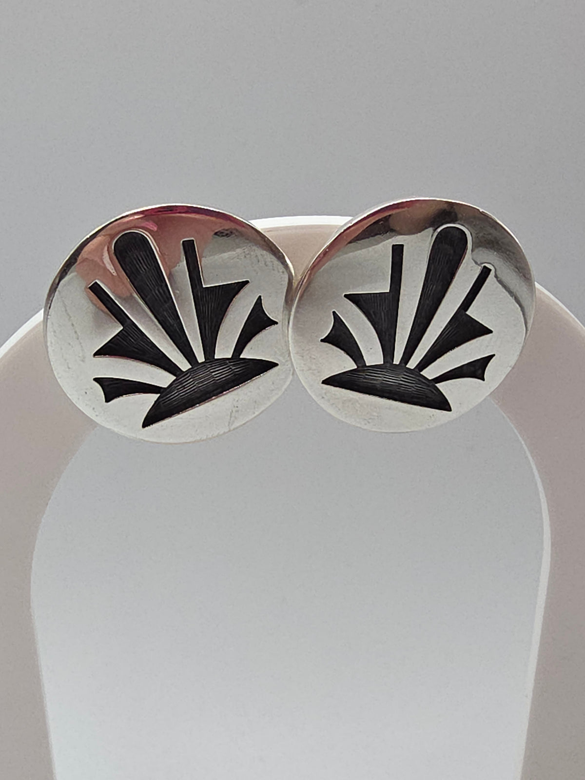 Native American Hopi Oxidized Sterling Silver Sunburst Round Stud Earrings