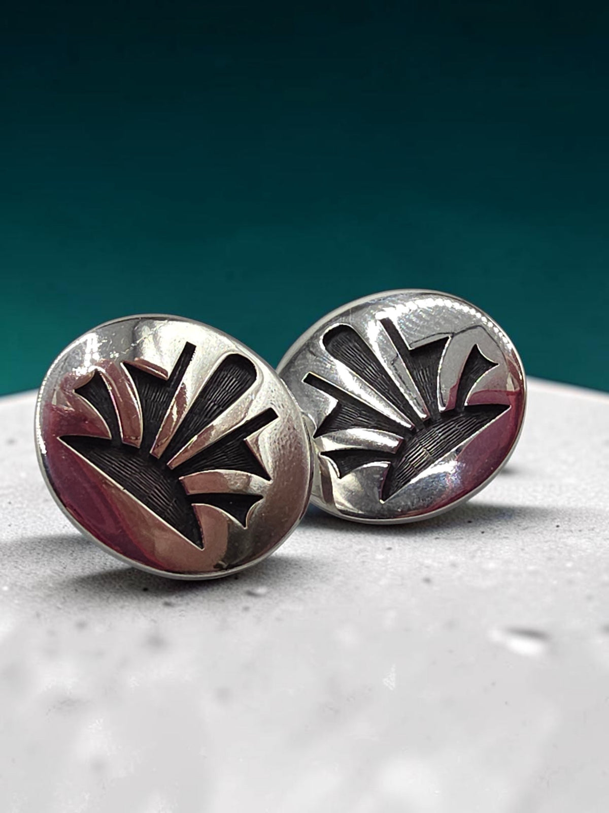Native American Hopi Oxidized Sterling Silver Sunburst Round Stud Earrings