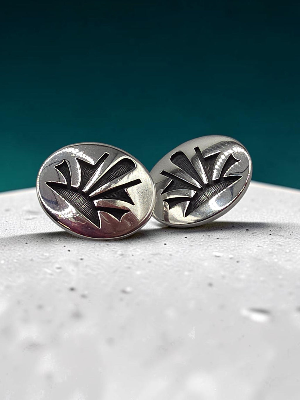 Native American Hopi Oxidized Sterling Silver Sunburst Round Stud Earrings