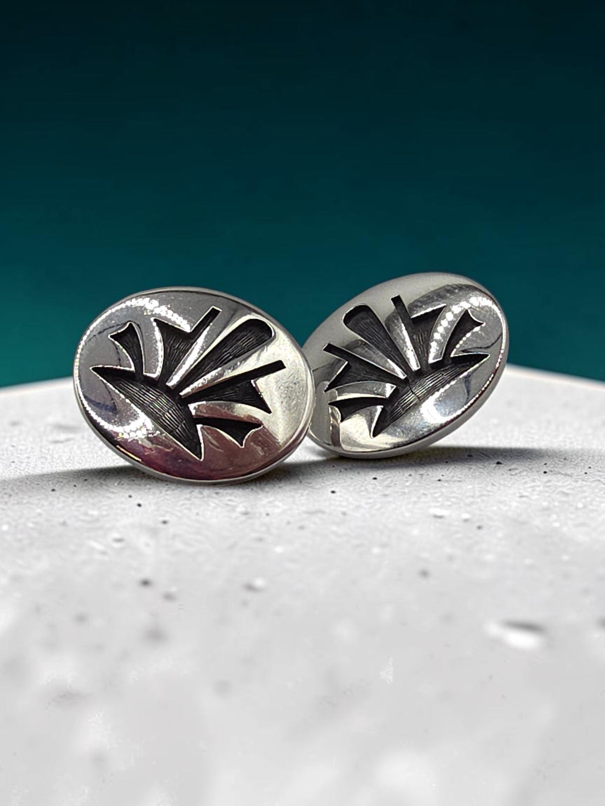 Native American Hopi Oxidized Sterling Silver Sunburst Round Stud Earrings