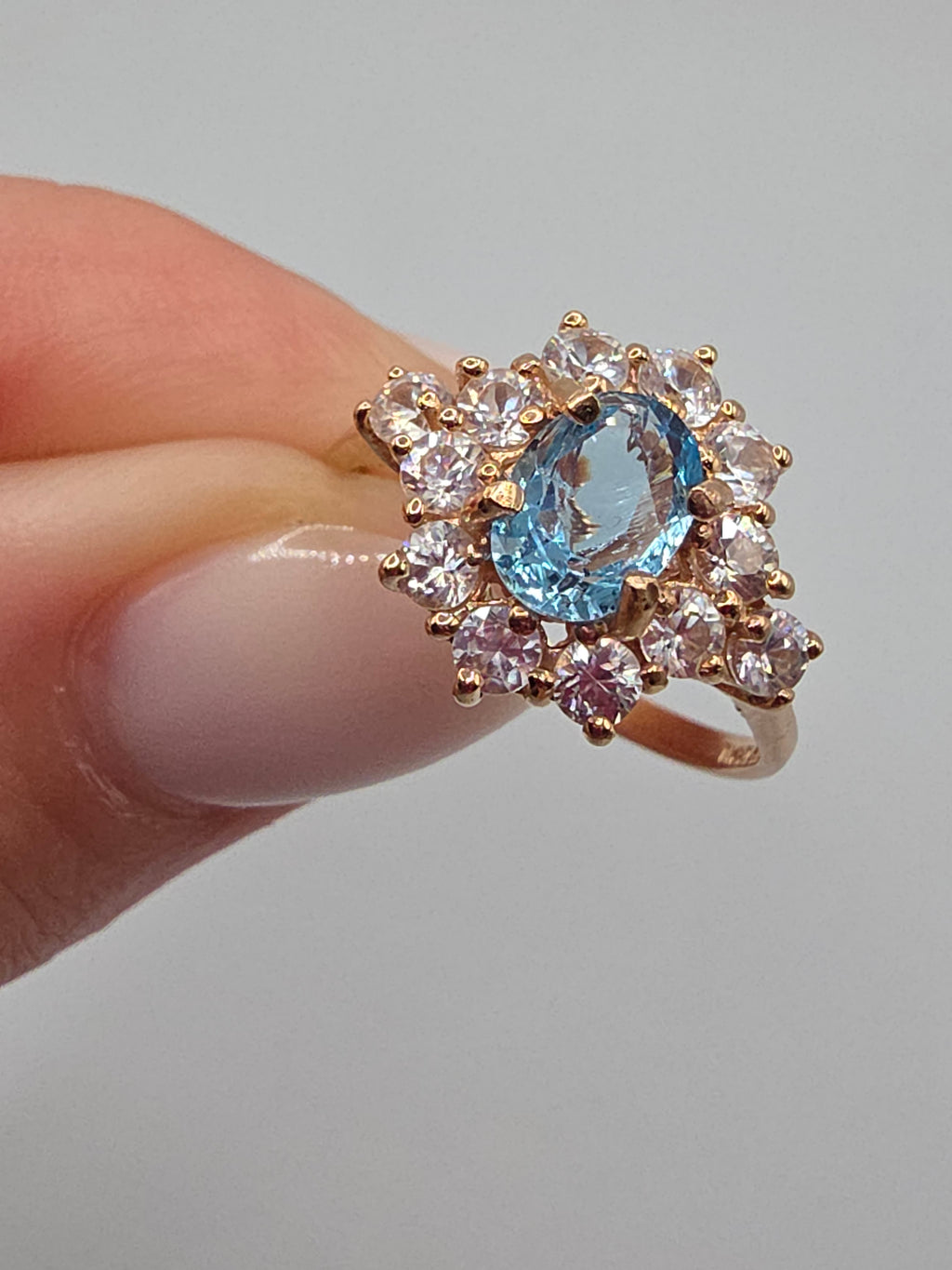 SGF Solid 10K Yellow Gold Oval Cut Blue Topaz Ring with Sapphire Halo - Size 7
