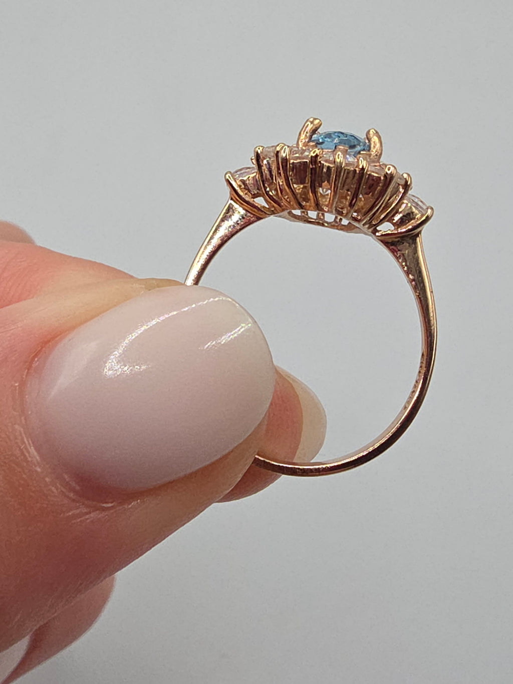 SGF Solid 10K Yellow Gold Oval Cut Blue Topaz Ring with Sapphire Halo - Size 7