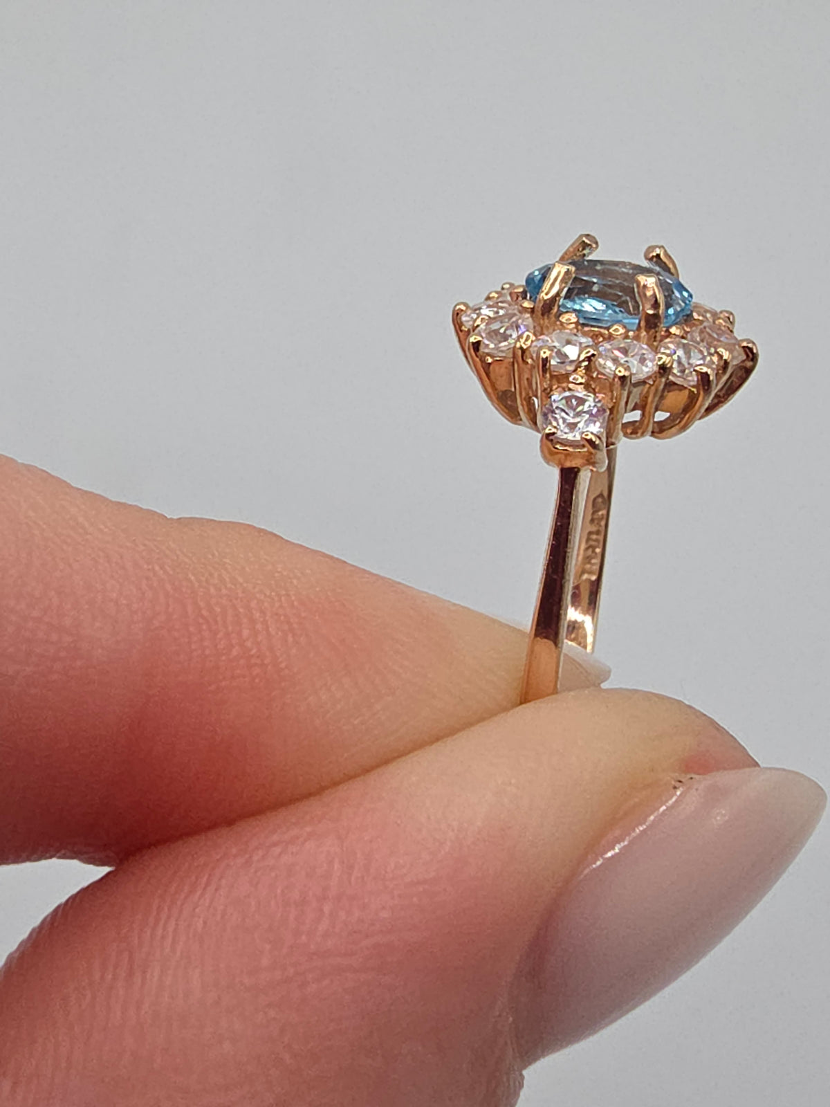 SGF Solid 10K Yellow Gold Oval Cut Blue Topaz Ring with Sapphire Halo - Size 7