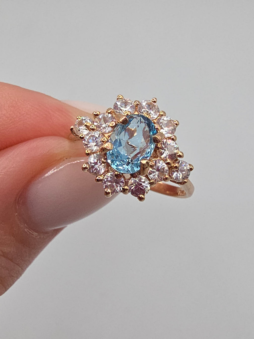 SGF Solid 10K Yellow Gold Oval Cut Blue Topaz Ring with Sapphire Halo - Size 7