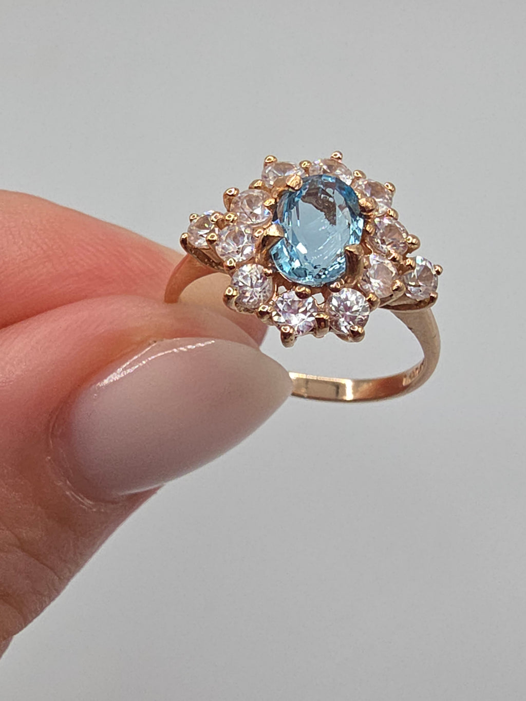SGF Solid 10K Yellow Gold Oval Cut Blue Topaz Ring with Sapphire Halo - Size 7