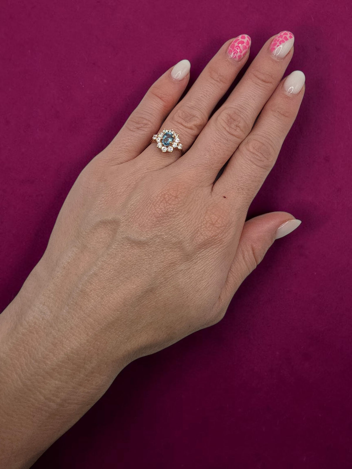 SGF Solid 10K Yellow Gold Oval Cut Blue Topaz Ring with Sapphire Halo - Size 7
