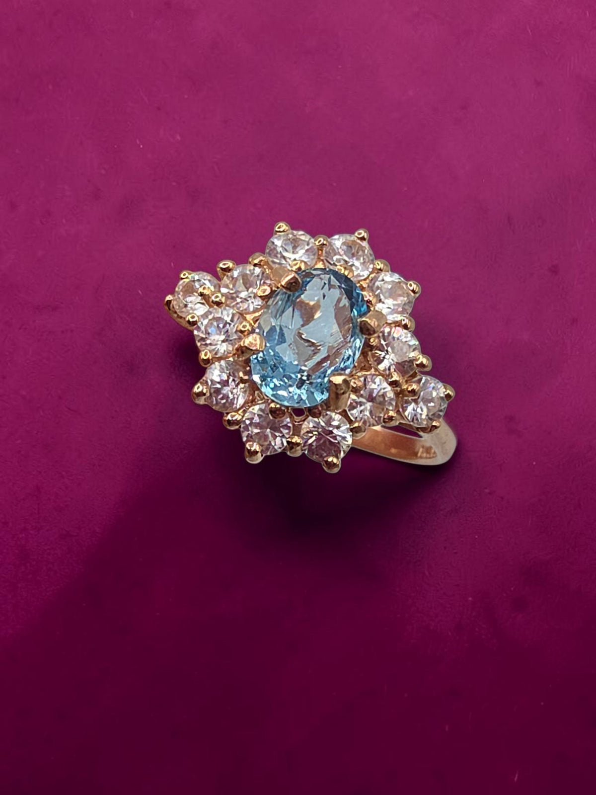 SGF Solid 10K Yellow Gold Oval Cut Blue Topaz Ring with Sapphire Halo - Size 7
