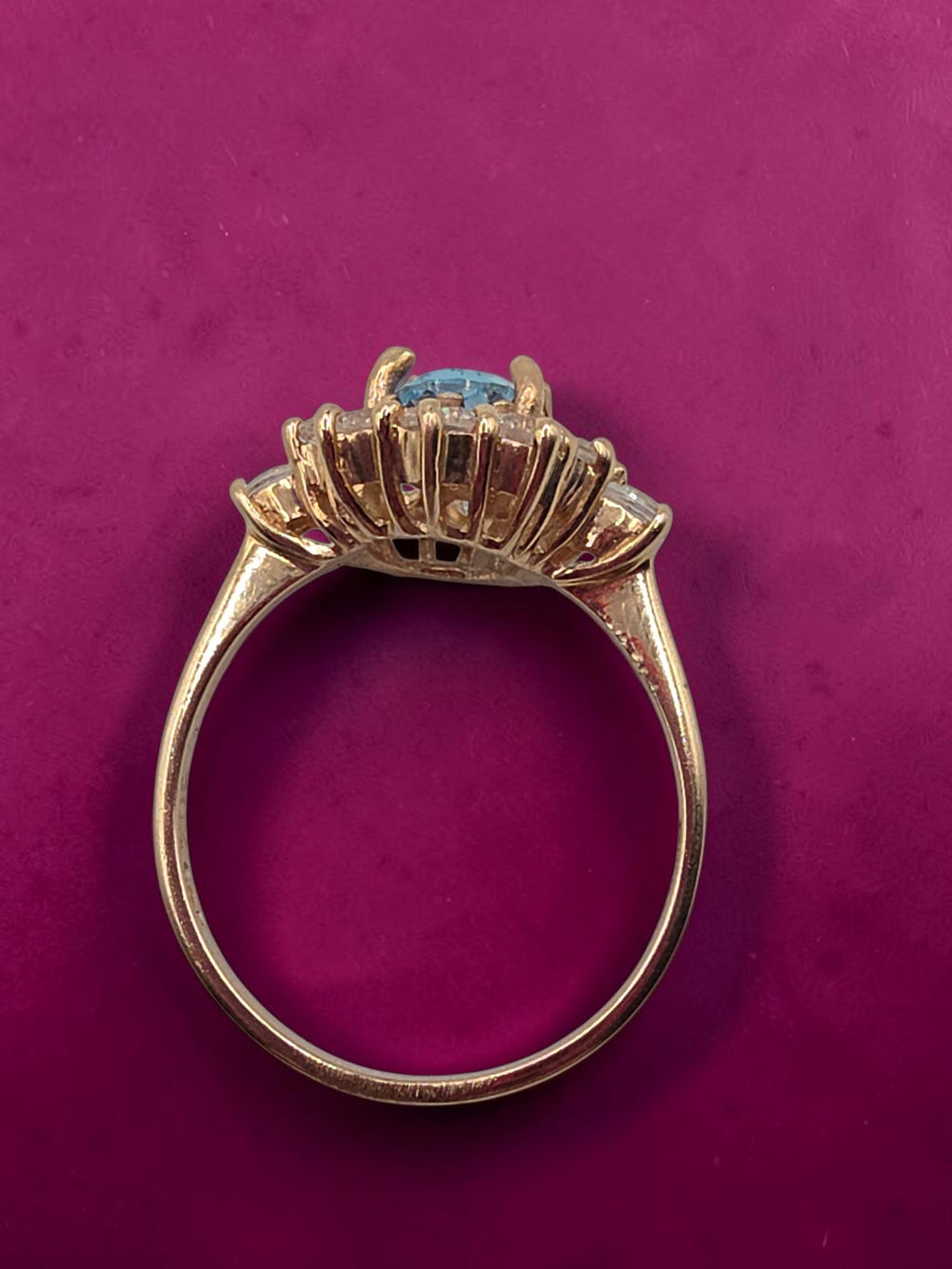 SGF Solid 10K Yellow Gold Oval Cut Blue Topaz Ring with Sapphire Halo - Size 7