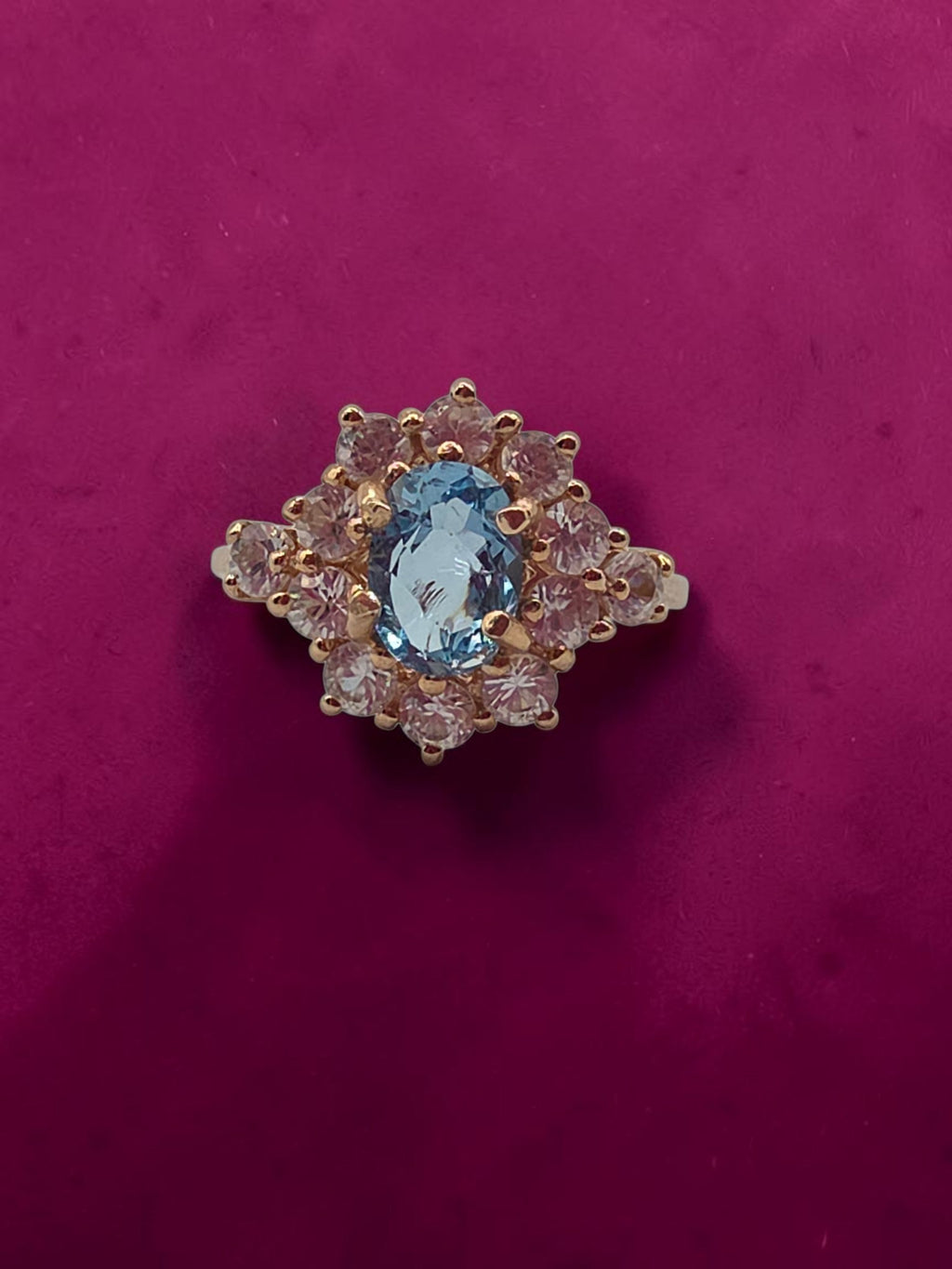 SGF Solid 10K Yellow Gold Oval Cut Blue Topaz Ring with Sapphire Halo - Size 7
