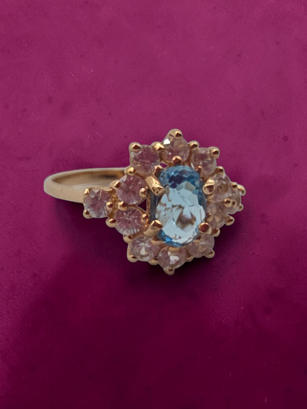 SGF Solid 10K Yellow Gold Oval Cut Blue Topaz Ring with Sapphire Halo - Size 7