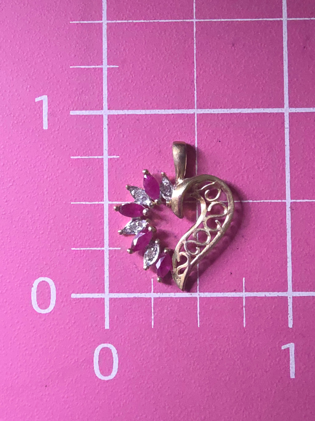 ADL Solid 10K Yellow Gold Marquise Cut Ruby and Diamond Open Heart Pendant