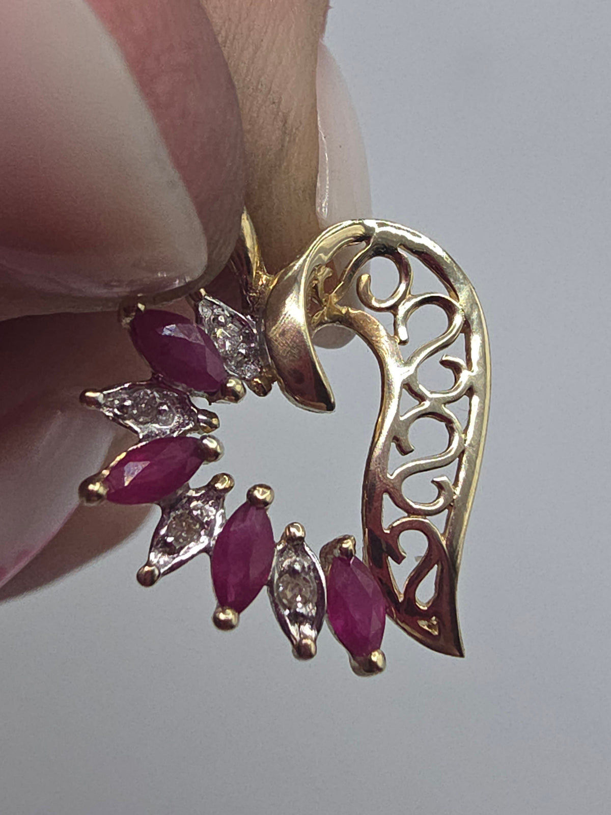 ADL Solid 10K Yellow Gold Marquise Cut Ruby and Diamond Open Heart Pendant