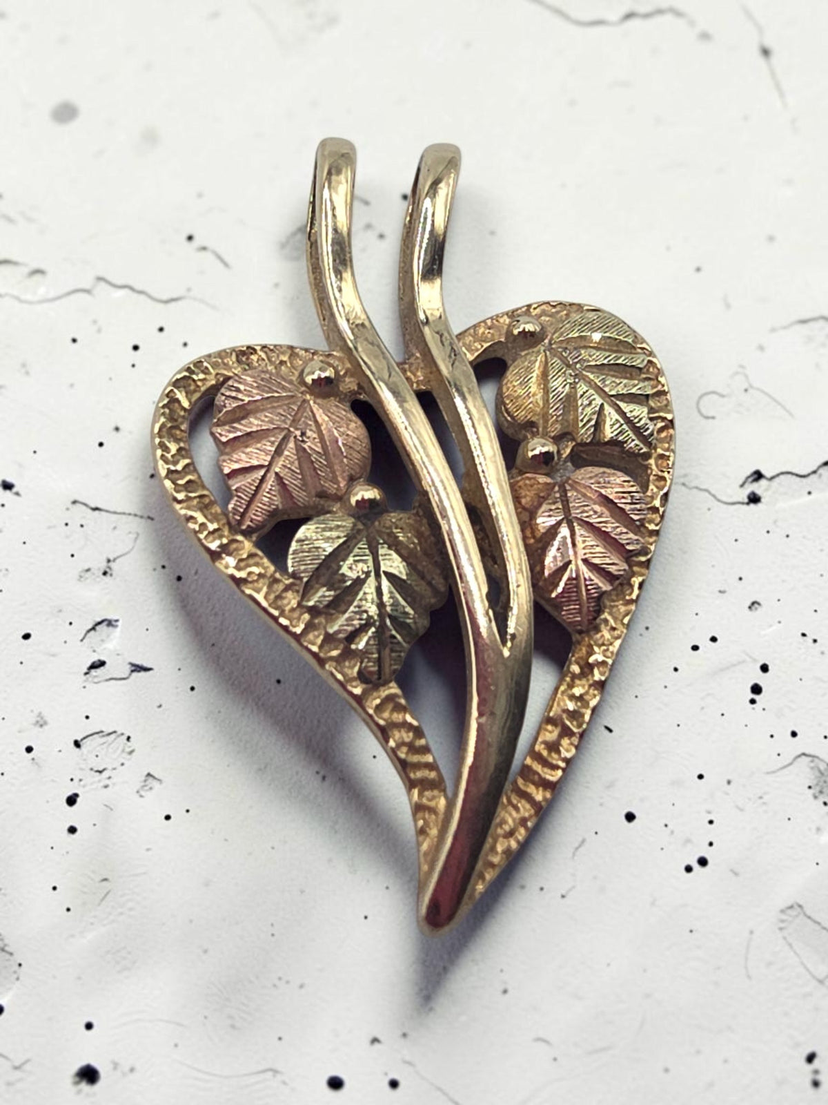 Vintage Black Hills Gold Solid 10K Tri Color Grape Leaf Openwork Heart Pendant