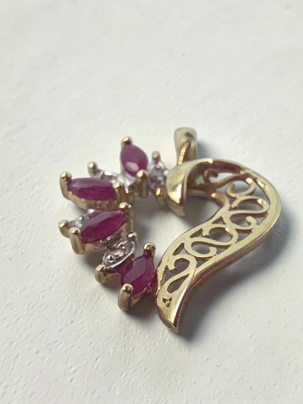 ADL Solid 10K Yellow Gold Marquise Cut Ruby and Diamond Open Heart Pendant