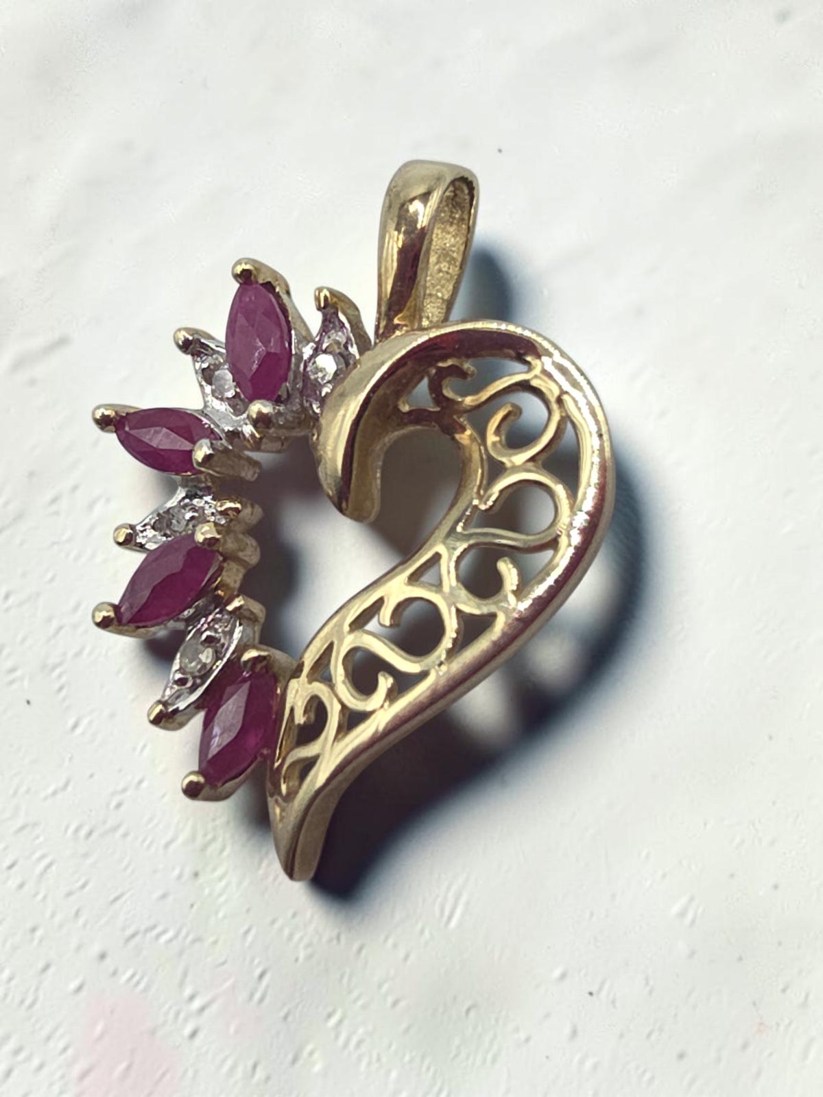 ADL Solid 10K Yellow Gold Marquise Cut Ruby and Diamond Open Heart Pendant