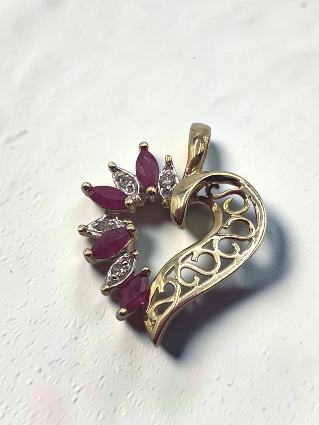 ADL Solid 10K Yellow Gold Marquise Cut Ruby and Diamond Open Heart Pendant
