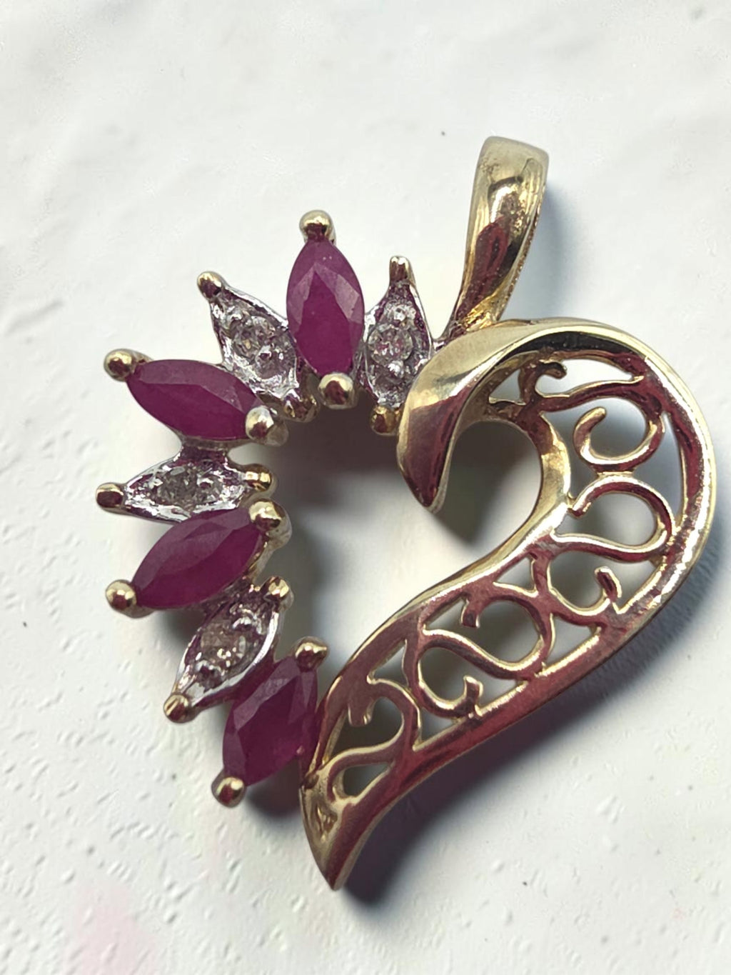ADL Solid 10K Yellow Gold Marquise Cut Ruby and Diamond Open Heart Pendant