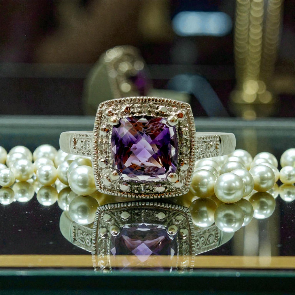 Solid 10K White Gold Ring with Cushion Cut Amethyst Ring Size 7