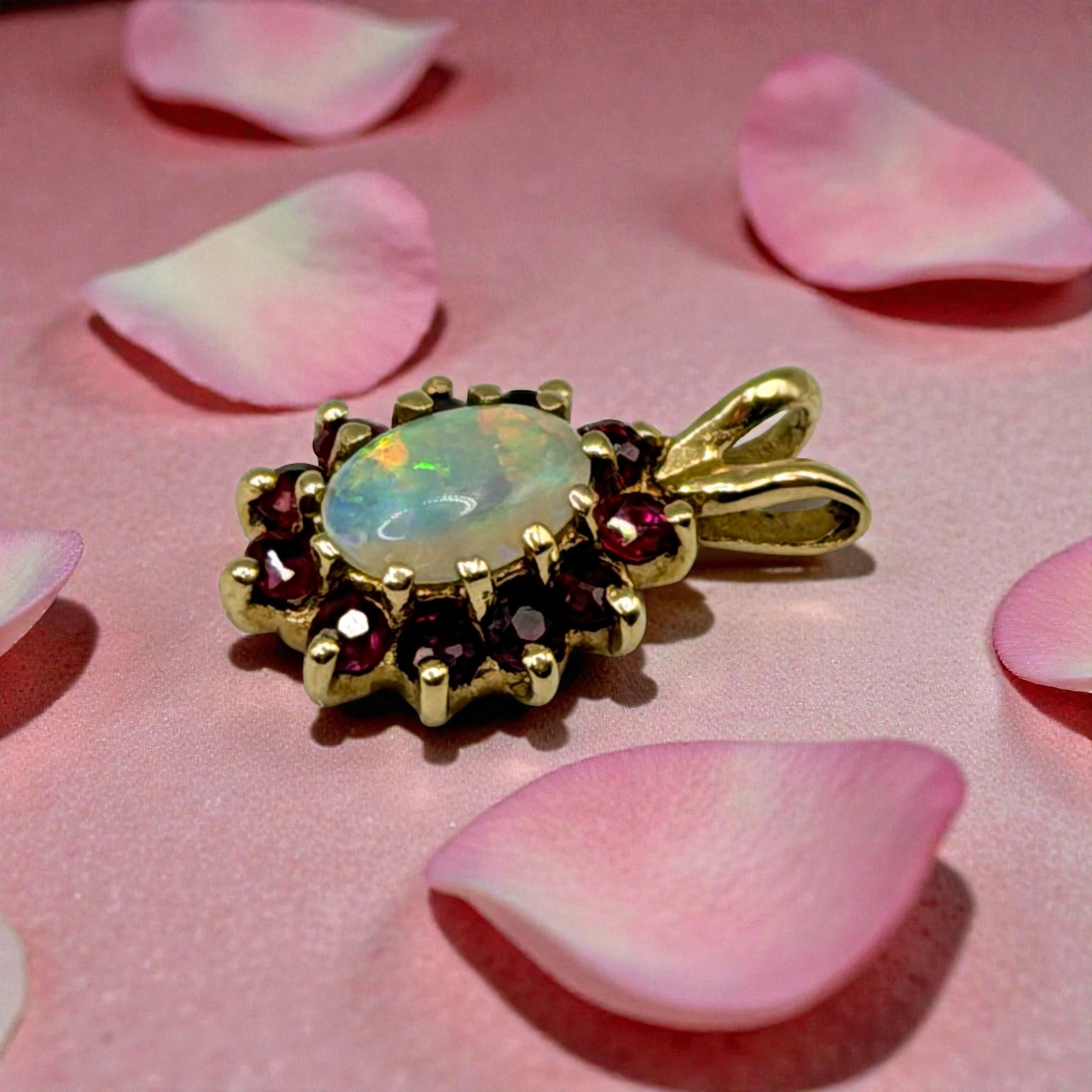 Solid 14K Yellow Gold Necklace Pendant with Oval Cut Opal and Ruby Halo