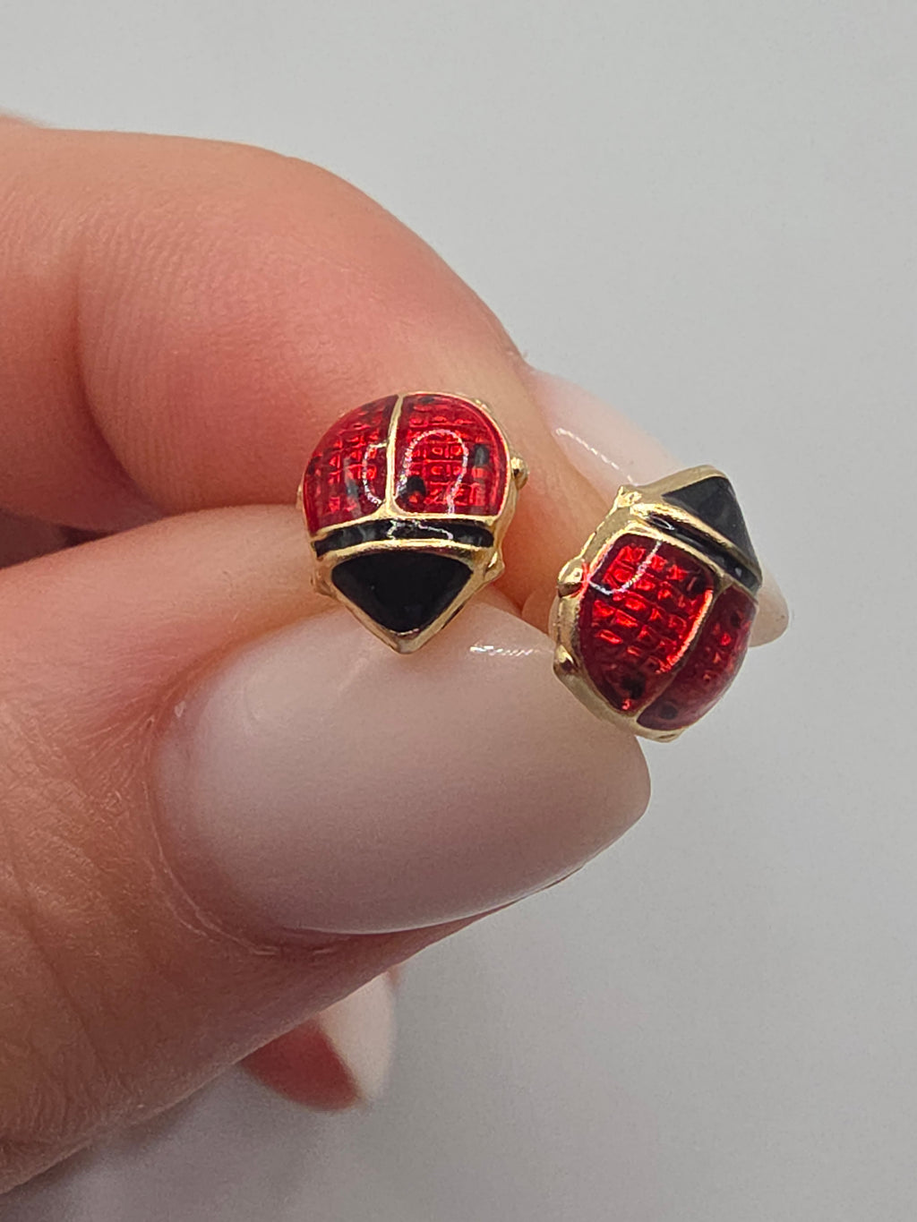 Jacmel Jewelry JCM Solid 14K Yellow Gold Red Enamel Ladybug Stud Earrings