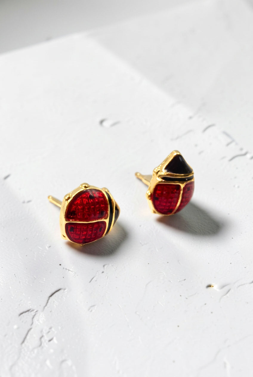 Jacmel Jewelry JCM Solid 14K Yellow Gold Red Enamel Ladybug Stud Earrings