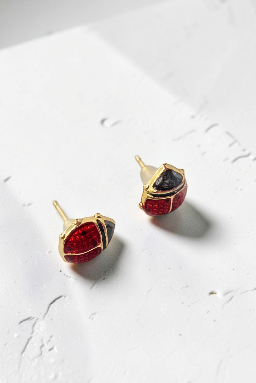 Jacmel Jewelry JCM Solid 14K Yellow Gold Red Enamel Ladybug Stud Earrings