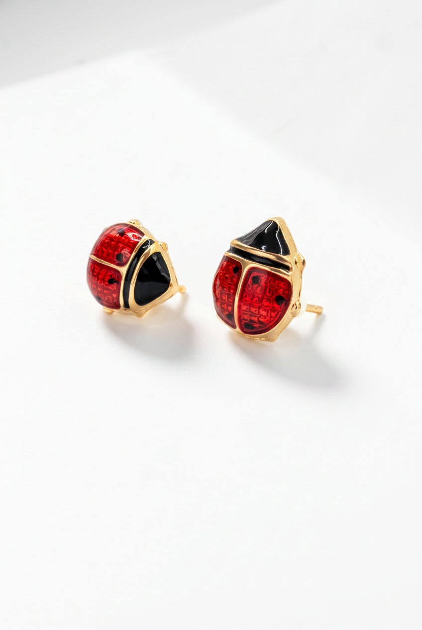 Jacmel Jewelry JCM Solid 14K Yellow Gold Red Enamel Ladybug Stud Earrings