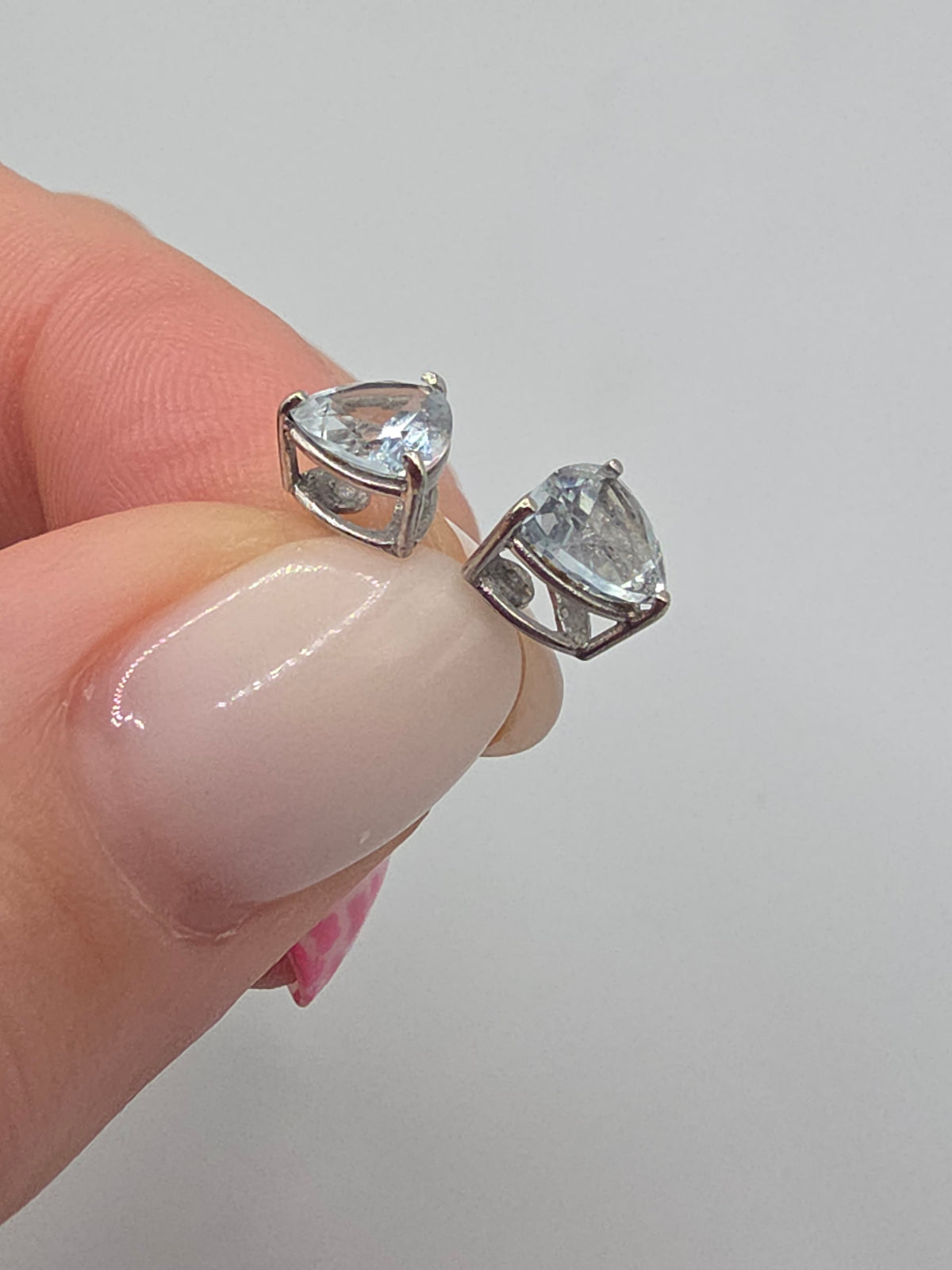 SGF Solid 10K White Gold Trillion Cut Blue Aquamarine Prong Set Stud Earrings