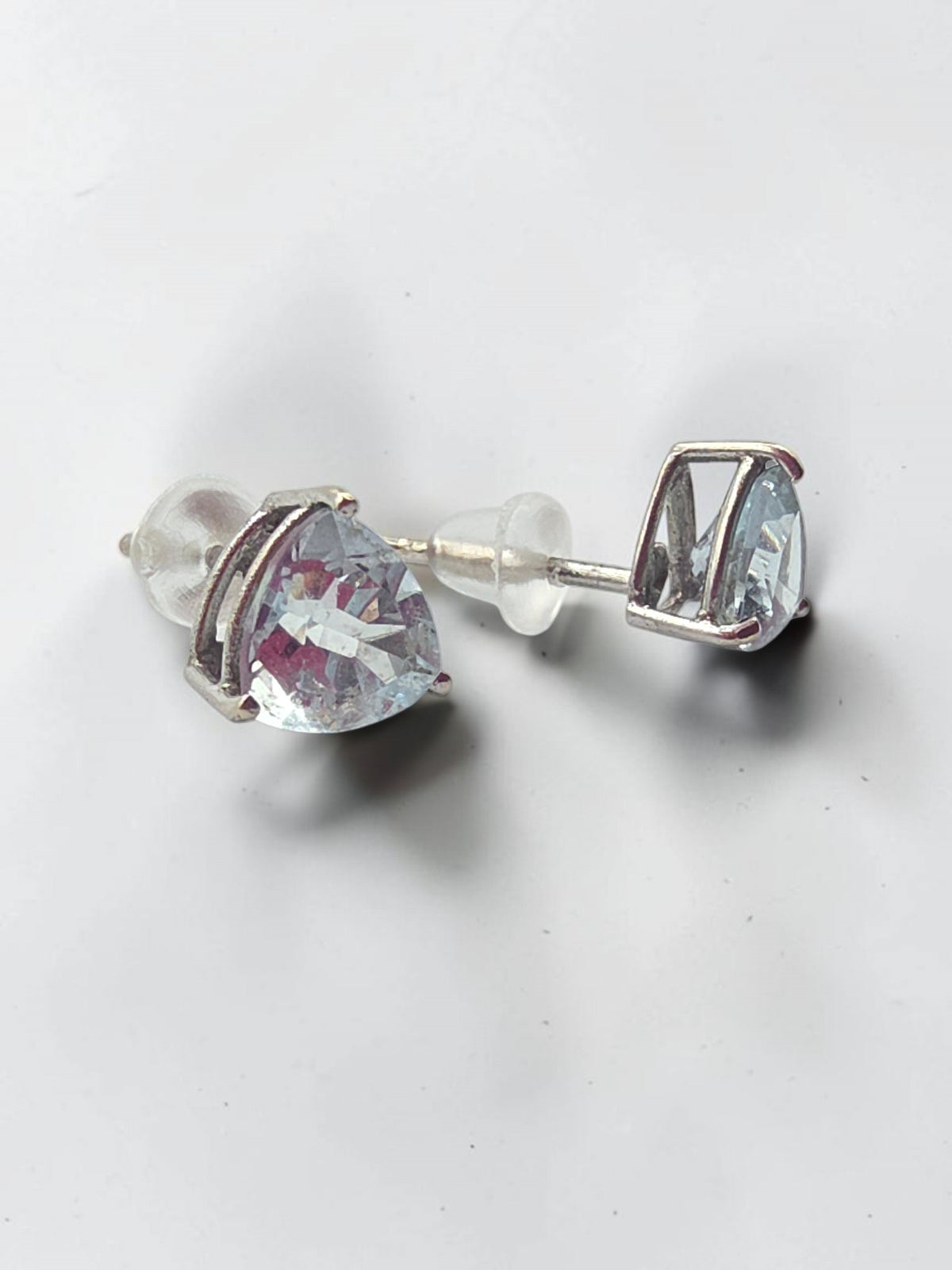 SGF Solid 10K White Gold Trillion Cut Blue Aquamarine Prong Set Stud Earrings