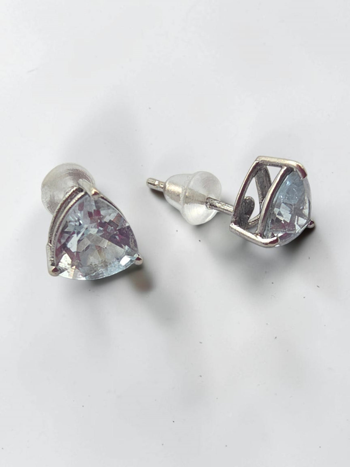 SGF Solid 10K White Gold Trillion Cut Blue Aquamarine Prong Set Stud Earrings