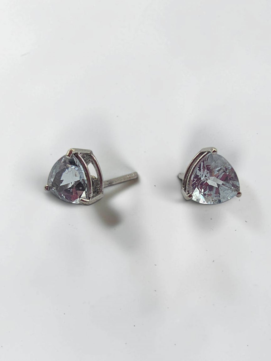 SGF Solid 10K White Gold Trillion Cut Blue Aquamarine Prong Set Stud Earrings