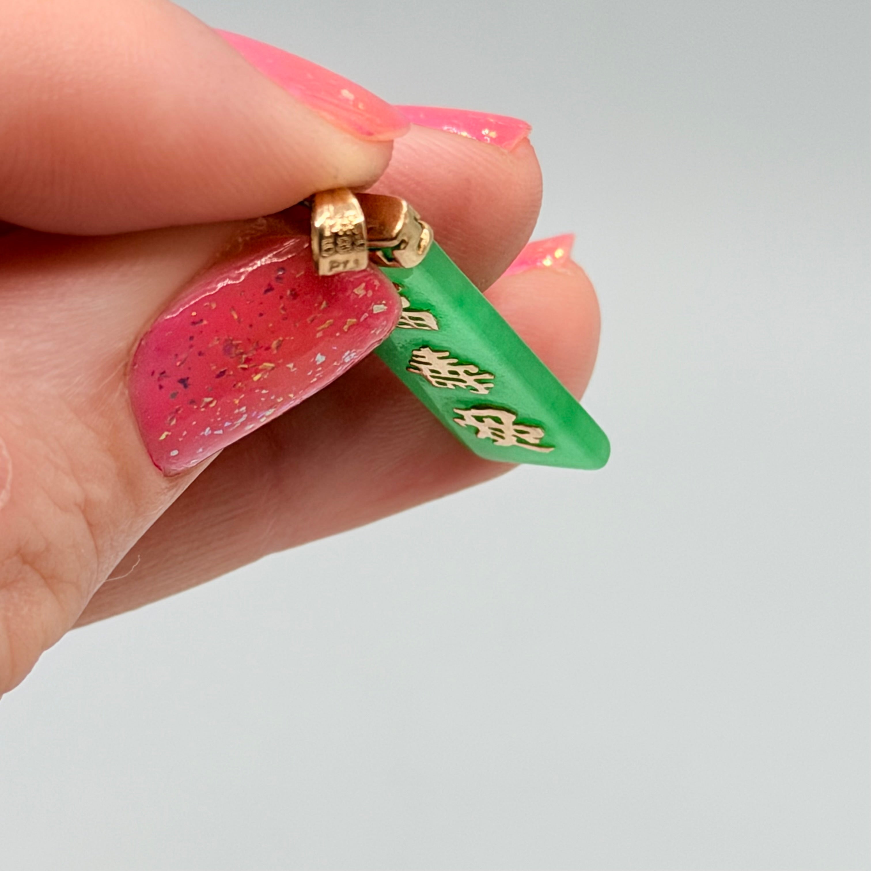 Solid 14K Yellow Gold Asian Necklace Pendant with Green Jade