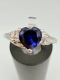 Solid 10K White Gold Ring with Heart Cut Blue Sapphire & CZ Accents - Size 6.5
